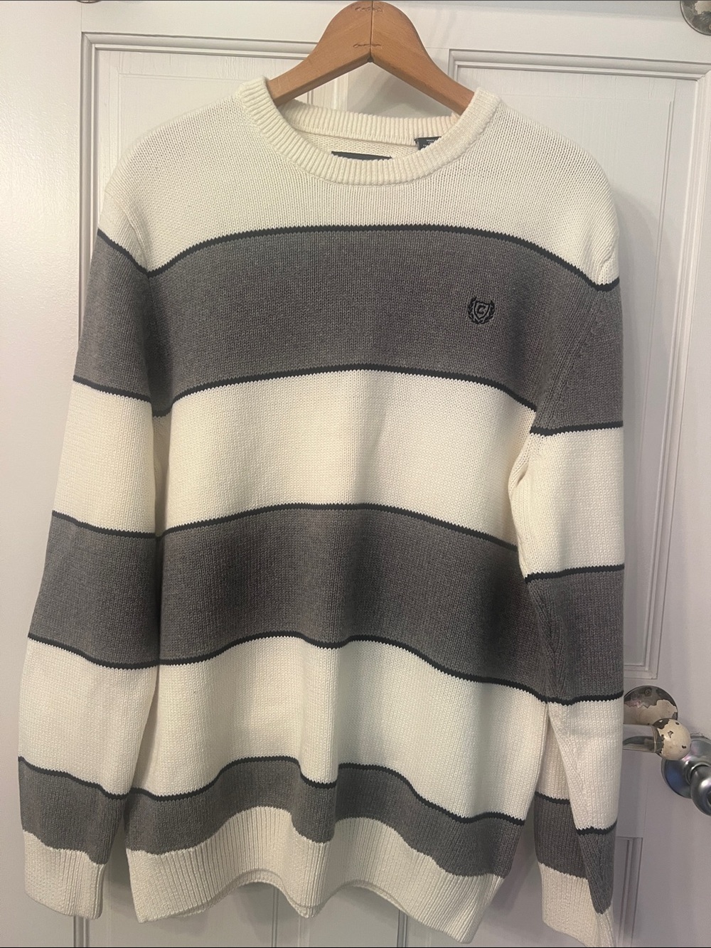 Chaps Men's Crewneck Sweater in Cream and Gray Stripe